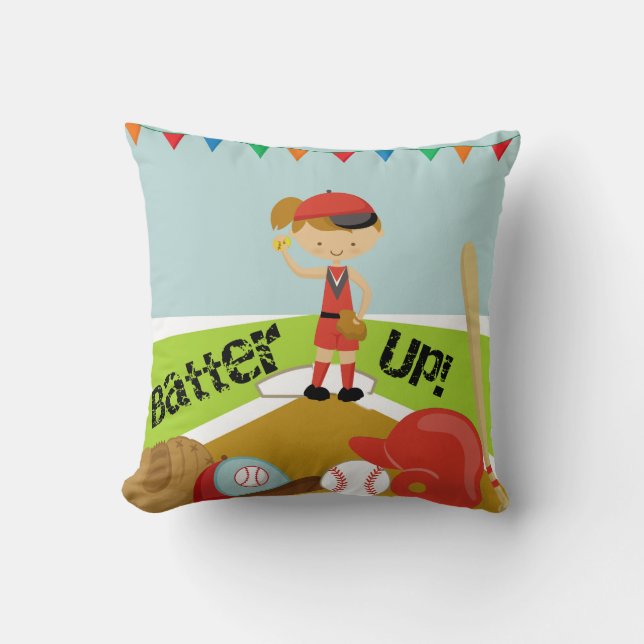 Brown Hair Girl Batter Up Baseball Pilllow Cushion (Front)