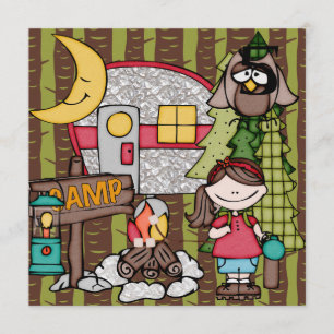Brown Hair Girl Camping Birthday Invitations