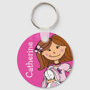 Brown hair girl with a white bunny pink key ring