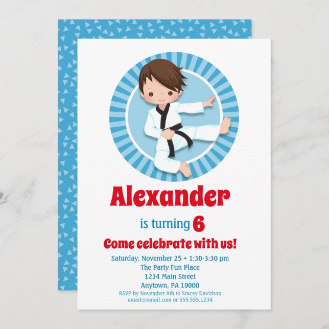 Brown Hair Karate Judo Boys Birthday Invitation (Front/Back)