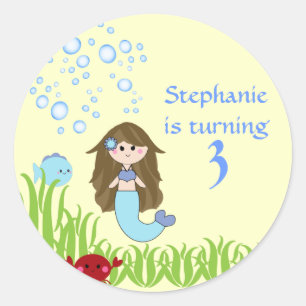 Brown hair mermaid cute girl's birthday stickers