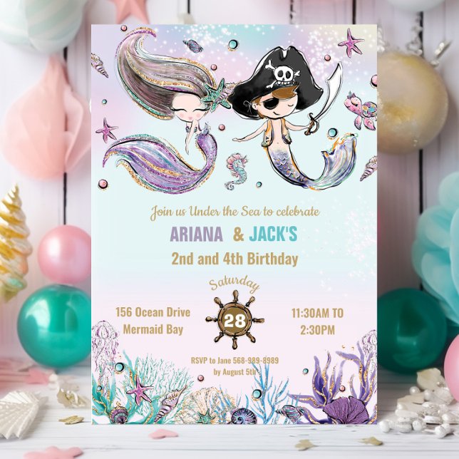 Brown Hair Mermaids Pirates Twins Joint Birthday Invitation (mermaid and pirate twins brother sister joint pool birthday party invitation cards printed digital)
