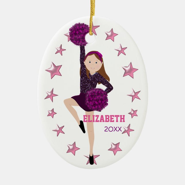 Brown Hair Pom Squad Personalised Keepsake Ceramic Tree Decoration (Front)