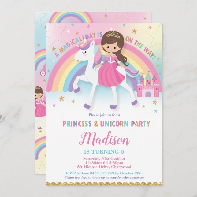 Brown Hair Princess and Unicorn Birthday Party Invitation (Front/Back)