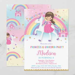 Brown Hair Princess and Unicorn Birthday Party Invitation