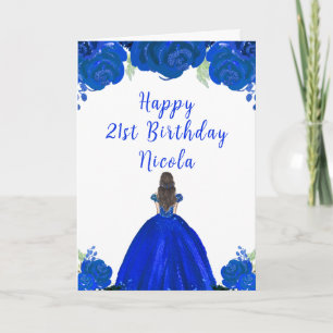 Brown Hair Princess Blue Floral Birthday Party Card
