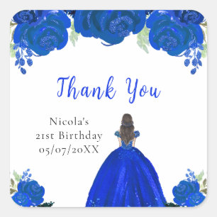 Brown Hair Princess Blue Floral Birthday Party Square Sticker