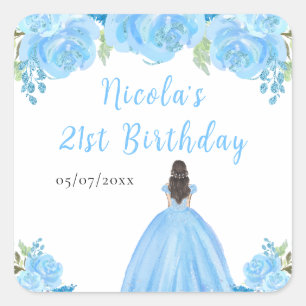 Brown Hair Princess Blue Floral Birthday Party Square Sticker