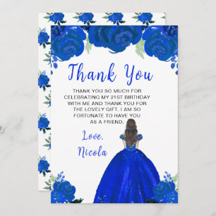 Brown Hair Princess Blue Floral Birthday Party Thank You Card