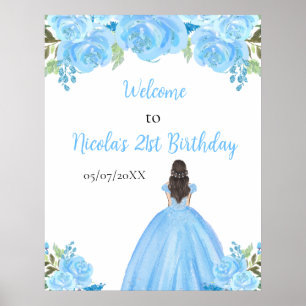 Brown Hair Princess Blue Floral Birthday Welcome Poster