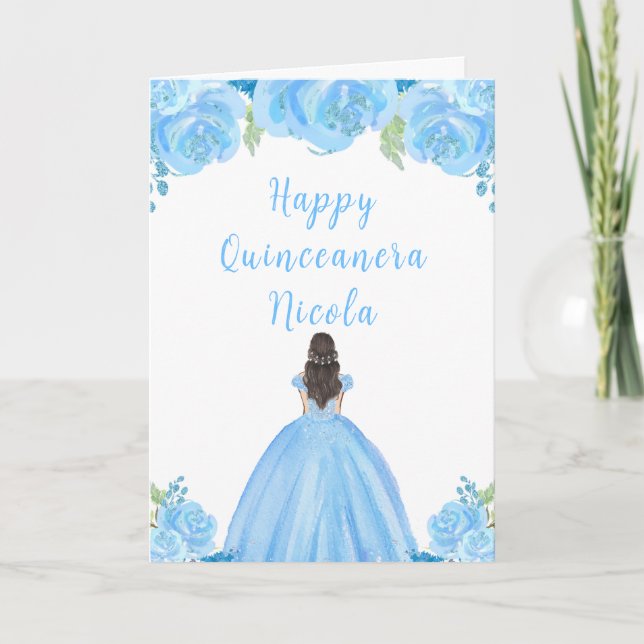 Brown Hair Princess Blue Floral Quinceanera Card (Front)