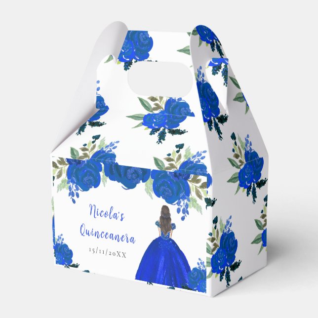 Brown Hair Princess Blue Floral Quinceanera Favour Box (Front Side)