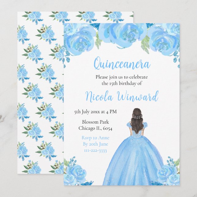 Brown Hair Princess Blue Floral Quinceanera Invitation (Front/Back)