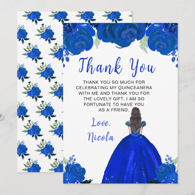 Brown Hair Princess Blue Floral Quinceanera Thank You Card (Front/Back)