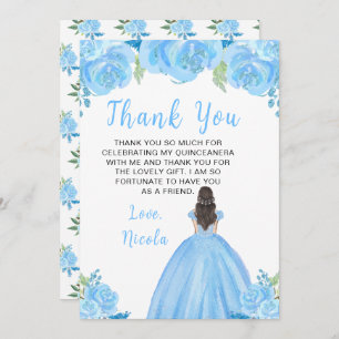 Brown Hair Princess Blue Floral Quinceanera Thank You Card