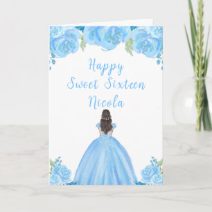 Brown Hair Princess Blue Floral Sweet Sixteen  Card