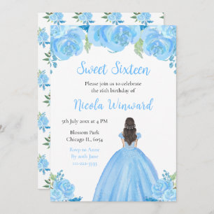 Brown Hair Princess Blue Floral Sweet Sixteen Invitation