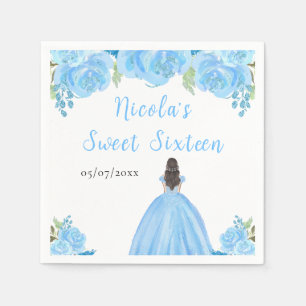 Brown Hair Princess Blue Floral Sweet Sixteen Napkin