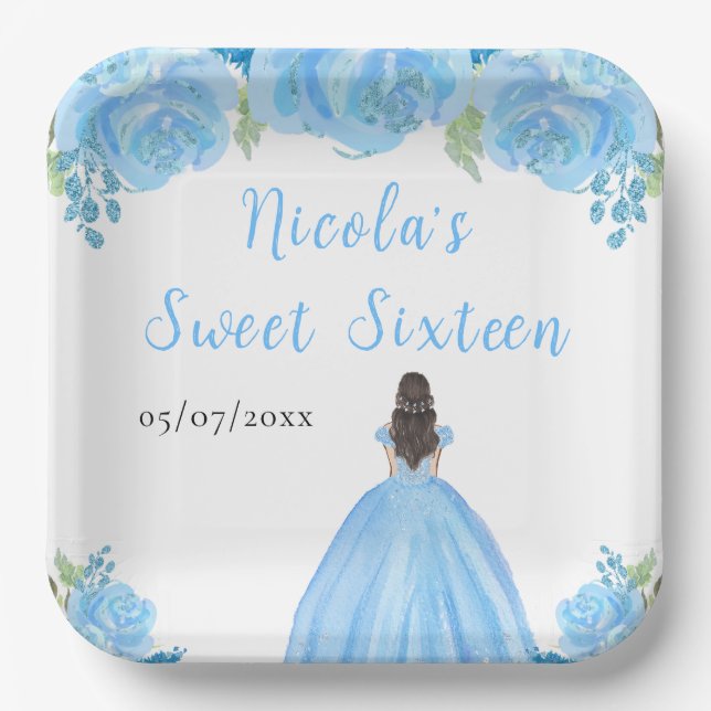 Brown Hair Princess Blue Floral Sweet Sixteen  Paper Plate (Front)