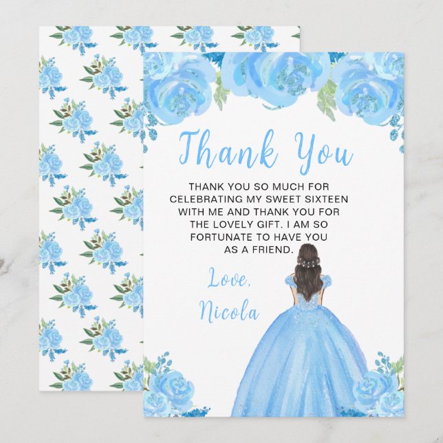 Brown Hair Princess Blue Floral Sweet Sixteen  Thank You Card (Front/Back)