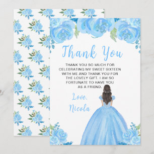 Brown Hair Princess Blue Floral Sweet Sixteen  Thank You Card