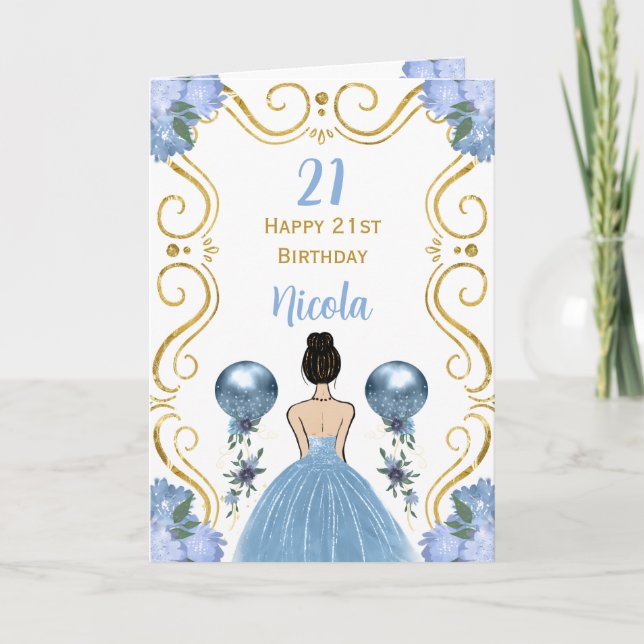 Brown Hair Princess Blue Happy Birthday Card (Front)