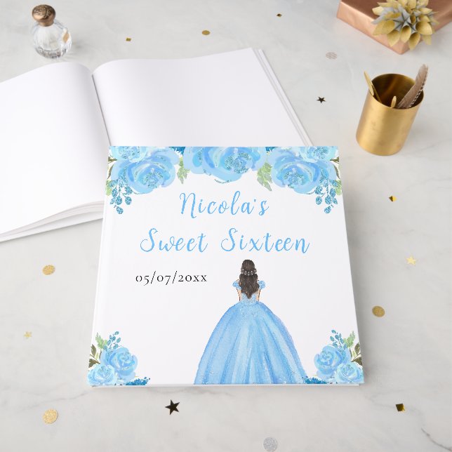 Brown Hair Princess Blue Sweet Sixteen Guest Book (Front Open)