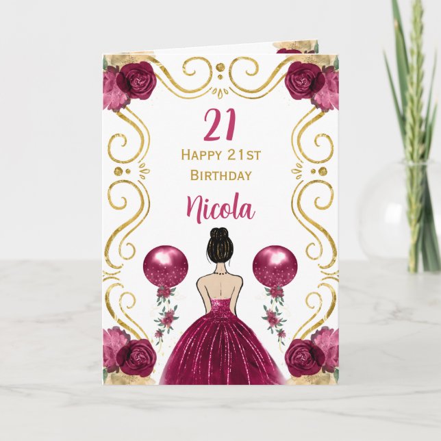 Brown Hair Princess Burgundy Happy Birthday Card (Front)