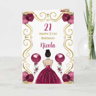 Brown Hair Princess Burgundy Happy Birthday Card