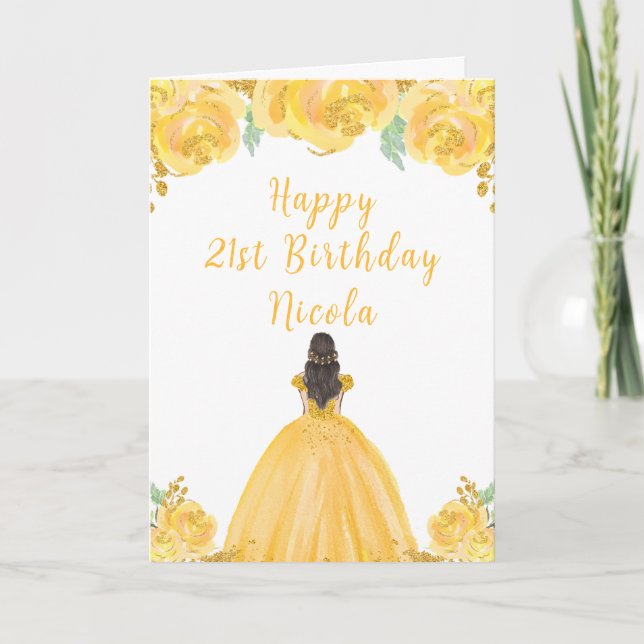 Brown Hair Princess Gold Floral Birthday Party Card (Front)