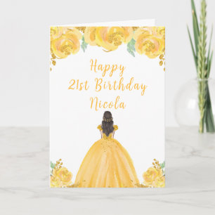 Brown Hair Princess Gold Floral Birthday Party Card