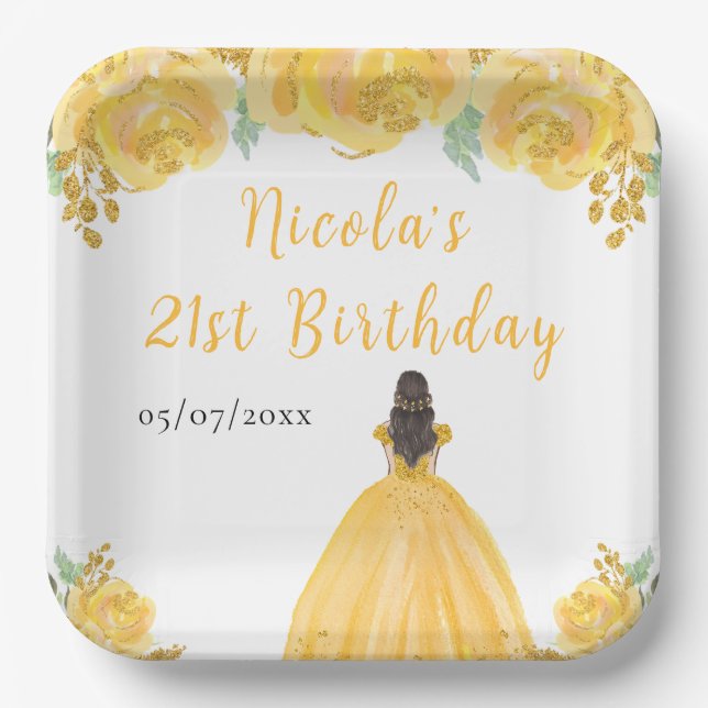 Brown Hair Princess Gold Floral Birthday Party Paper Plate (Front)