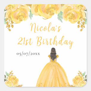 Brown Hair Princess Gold Floral Birthday Party Square Sticker