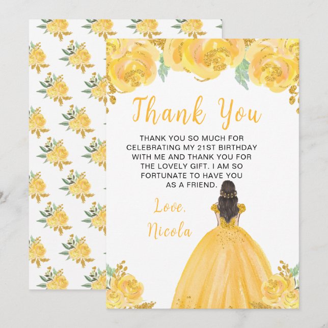 Brown Hair Princess Gold Floral Birthday Party Thank You Card (Front/Back)