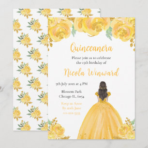 Brown Hair Princess Gold Floral Quinceanera Invitation