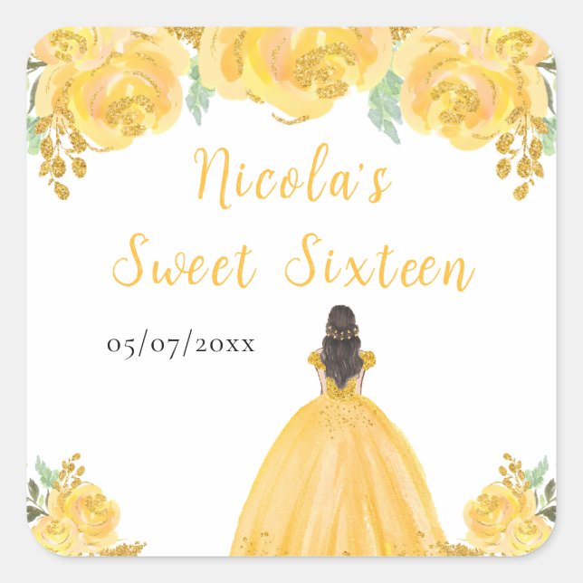 Brown Hair Princess Gold Floral Sweet Sixteen  Square Sticker (Front)