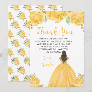 Brown Hair Princess Gold Floral Sweet Sixteen Thank You Card