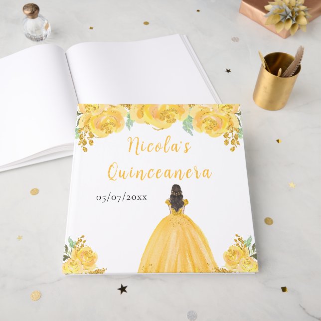 Brown Hair Princess Gold Quinceanera Guest Book (Front Open)