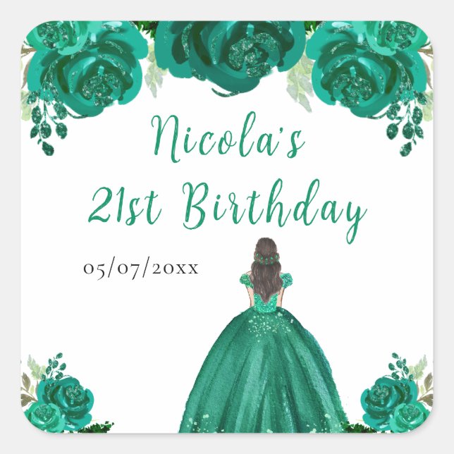 Brown Hair Princess Green Floral Birthday Party Square Sticker (Front)