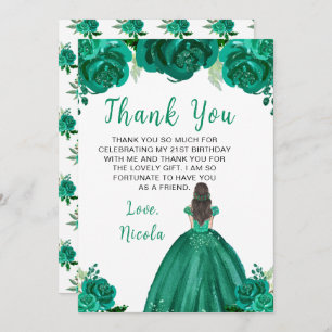 Brown Hair Princess Green Floral Birthday Party Thank You Card