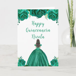 Brown Hair Princess Green Floral Quinceanera Card
