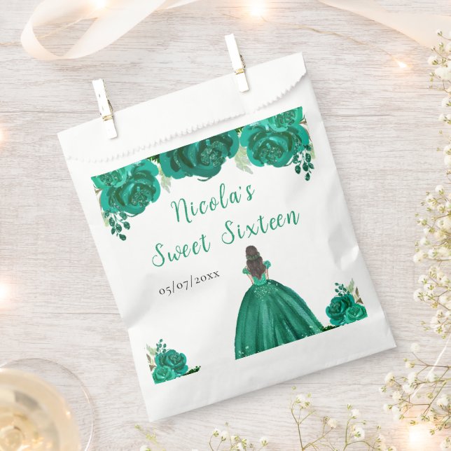 Brown Hair Princess Green Floral Sweet Sixteen  Favour Bag (Clipped)