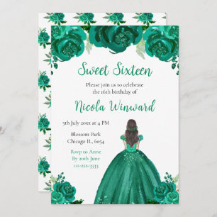 Brown Hair Princess Green Floral Sweet Sixteen Invitation