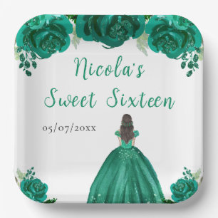Brown Hair Princess Green Floral Sweet Sixteen  Paper Plate