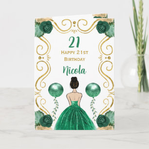 Brown Hair Princess Green Happy Birthday Card