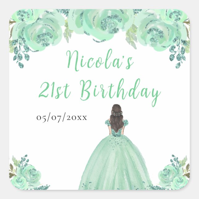Brown Hair Princess Mint Floral Birthday Party Square Sticker (Front)