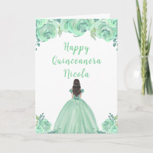 Brown Hair Princess Mint Floral Quinceanera Card