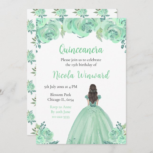 Brown Hair Princess Mint Floral Quinceanera Invitation (Front/Back)