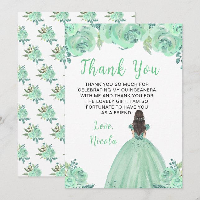 Brown Hair Princess Mint Floral Quinceanera Thank You Card (Front/Back)