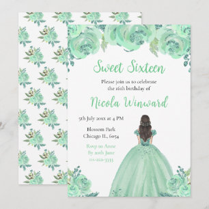 Brown Hair Princess Mint Floral Sweet Sixteen Invitation